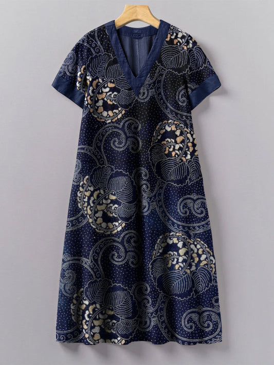 Japanese Traditional Sashiko Art Pattern Painting V-Neck Dress