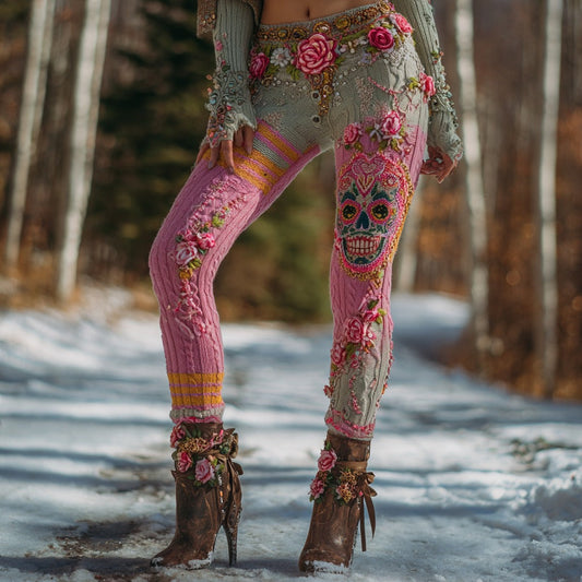 Women's Vintage Sugar Skull And Floral Pattern Comfortable Leggings artswardrobe