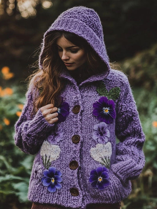 Women's Purple Flowers Embroidery Pattern Cozy Knit Hooded Cardigan artswardrobe