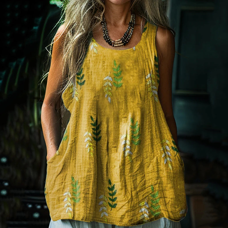Women's Retro Loose Bohemia Vintage Leaf Art Style Linen Suspender Sleeveless Top artswardrobe
