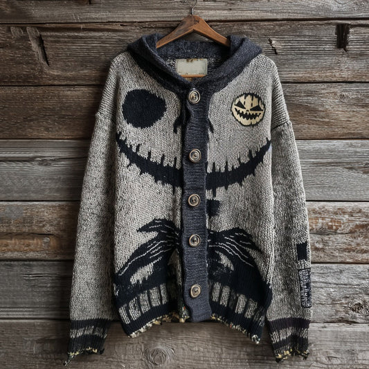 Halloween Spooky Face Contrast Stitching Cozy Knitted Hooded Sweater Cardigan artswardrobe
