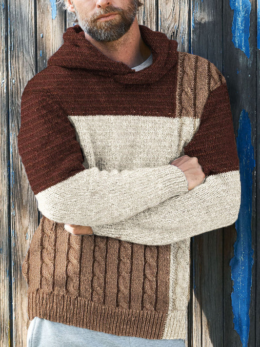 Men's Retro Knit Patchwork Cozy Hooded Sweater artswardrobe