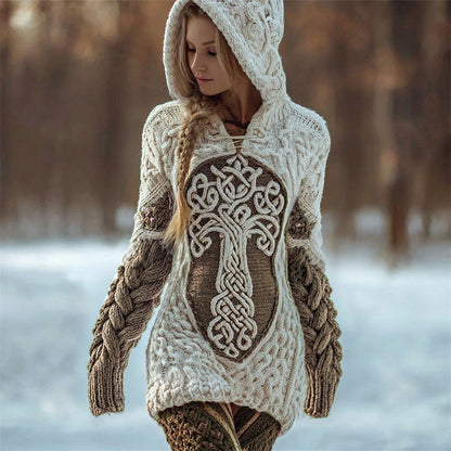 Viking Tree Of Life Celtic Contrast Cozy Chunky Hooded Sweater artswardrobe