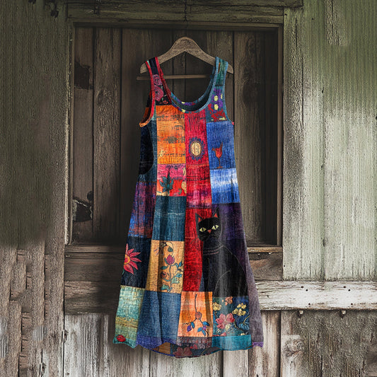 Comstylish Vintage Black Cat Floral Patchwork Art Linen Blend Tank Dress