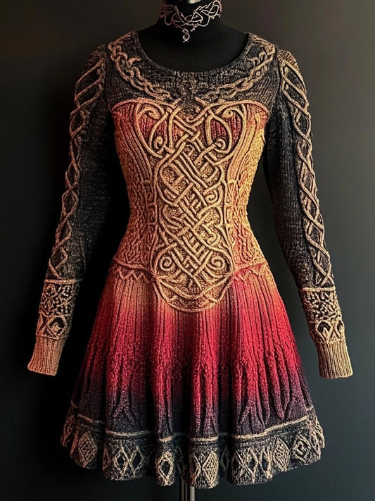 Viking Mystical Celtic Jacquard Cozy Knit Flare Sweater Dress artswardrobe