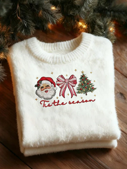 Christmas Santa Claus And Christmas Tree Embroidered Round Neck Sweater artswardrobe