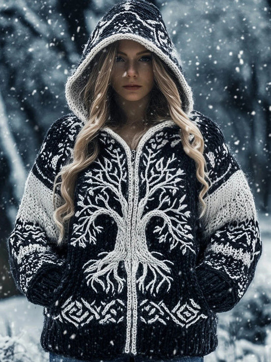 Viking Tribal Tree Of Life Celtic Chunky Hooded Cardigan artswardrobe