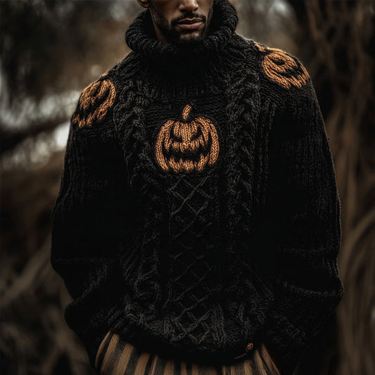 Men's Halloween Pumpkin Inspired Cozy Chunky Turtleneck Sweater artswardrobe