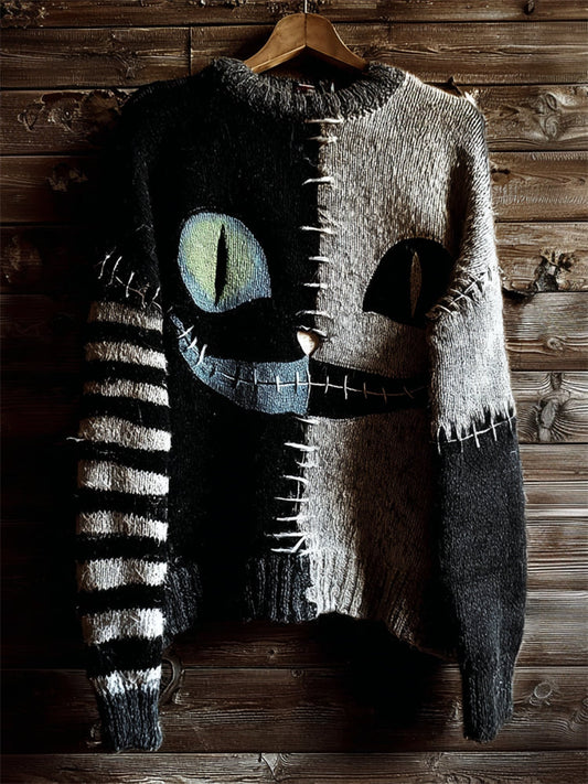 Halloween Spooky Smiling Cat Face Contrast Stitched Knit Sweater artswardrobe