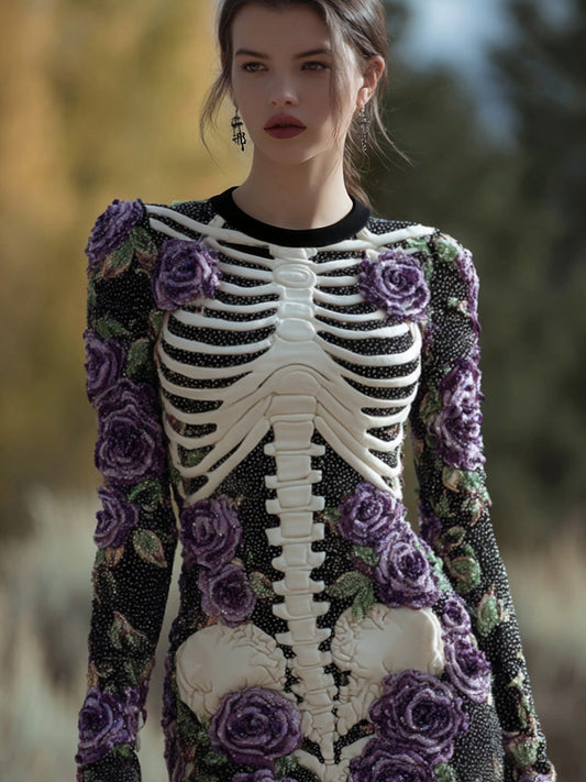 Women's Vintage Halloween Skeleton Bones With Rose Art Cozy Knit Mini Sweater Dress artswardrobe