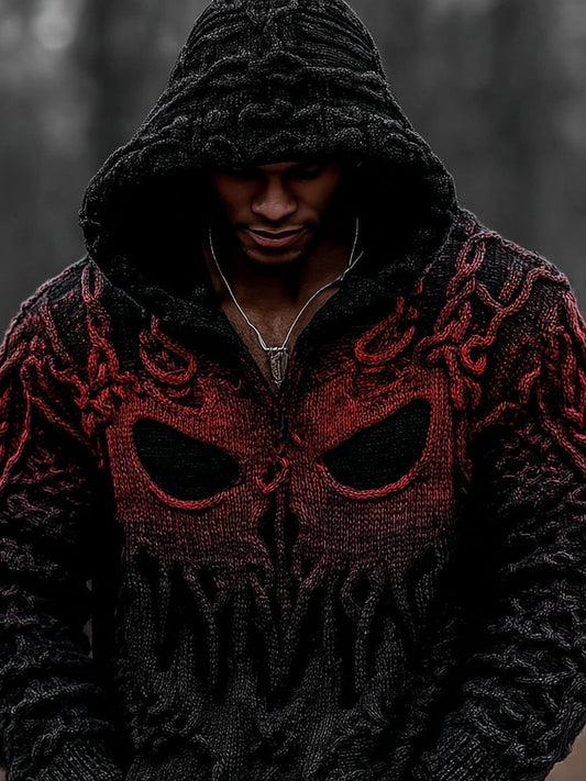 Men's Vintage Spooky Face Gradient Chunky Hooded Sweater artswardrobe