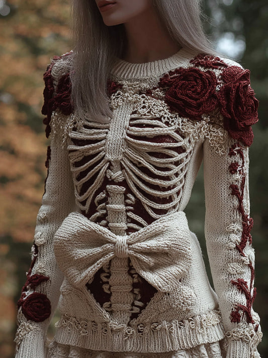 Women's Halloween Skeleton Art Bow Embroidery Vintage Round Neck Sweater artswardrobe