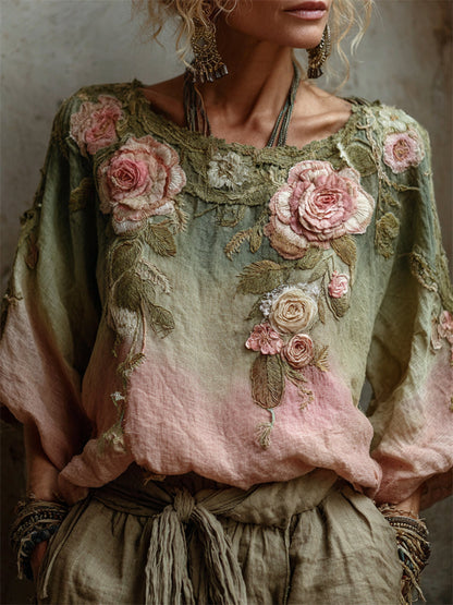 Comstylish Vintage Pink Roses Forest Gradient Linen Tunic