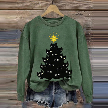Christmas Tree Cat Print Crew Neck Sweatshirt elevenforest
