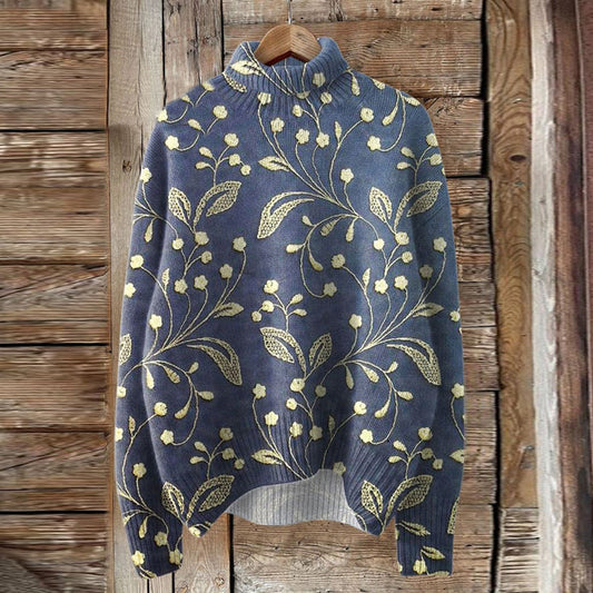 Vintage Lovely Floral Art Print Knit Turtleneck Pullover Sweater artswardrobe