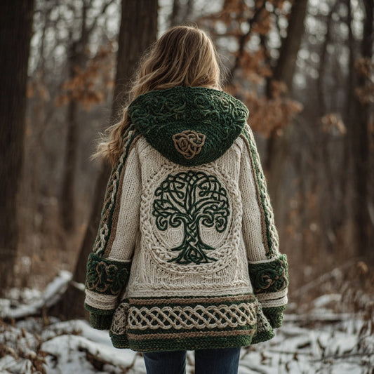 Women's Viking Tree Of Life Knit Jacquard Zip Hooded Sweater artswardrobe