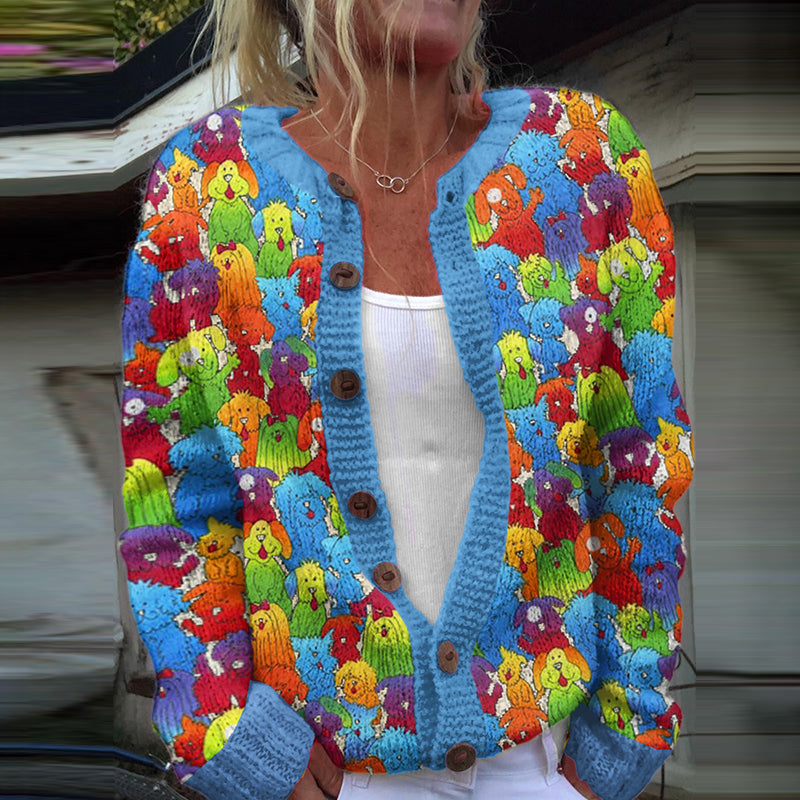 Comstylish Colorful Puppy Family Dog Print Long Sleeve Casual Knitted Cardigan