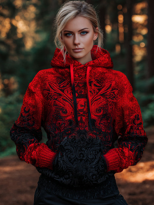 Women's Vintage Viking Tribal Celtic Skull Gradient Art Chunky Knit Hooded Sweater artswardrobe