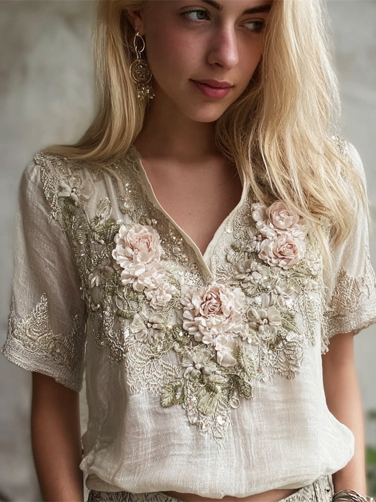 Comstylish Boho Oil Painting Floral Embroidery Women's Linen V-neck Short Sleeve Shirt
