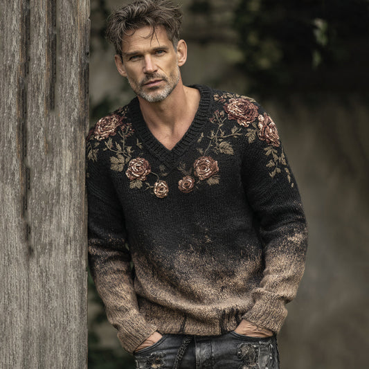 Men's Retro Floral Art Jacquard Thick Warm V Neck Sweater artswardrobe