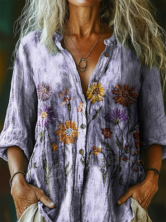 Women's Vintage Floral Art Print Casual Cotton Linen Shirt