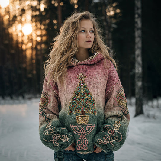 Women's Christmas Tree Knot Gradient Warm Hooded Sweater artswardrobe