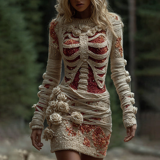 Women's Skull Anatomy Rose Sequin Bandage Art Cozy Knit Sweater Dress artswardrobe