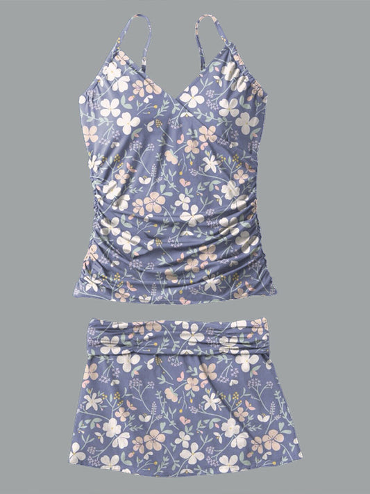 V-Neck Vintage Flowers Print Suspender Skirt Tankini Pantskirt Set Swimsuit