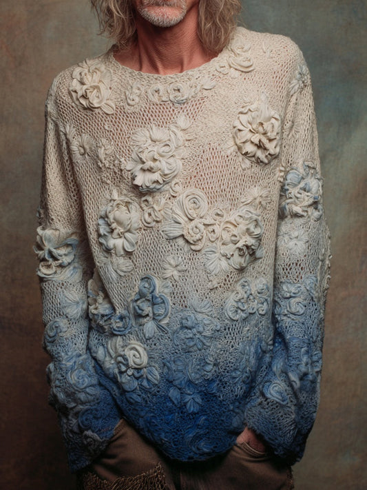 Men's Vintage Floral Crochet Embroidered Gradient Cozy Sweater artswardrobe