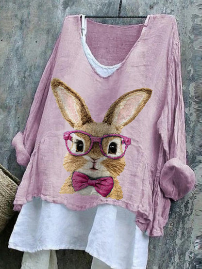 Comstylish Women's Cute Rabbit Embroidery Pattern Comfortable Linen Shirt