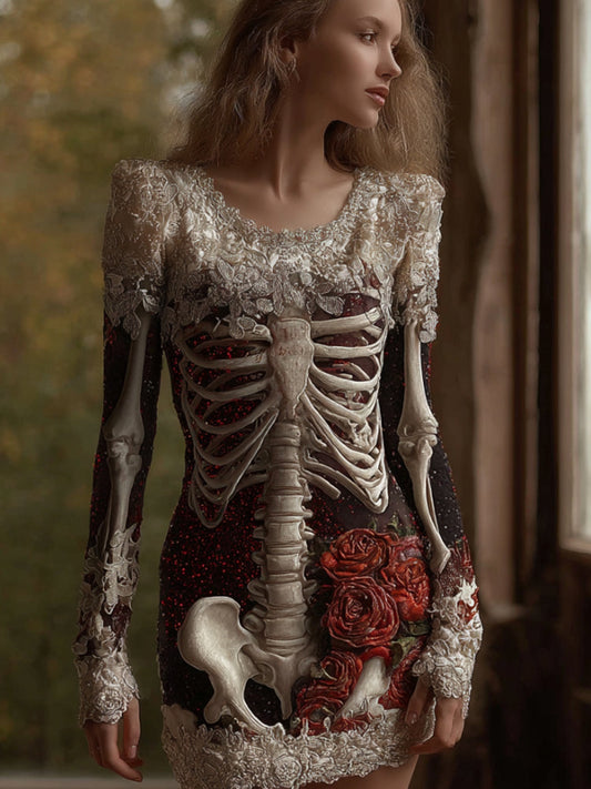 Women's Halloween Skeleton And Rose Dark Round Neck Mini Skirt artswardrobe