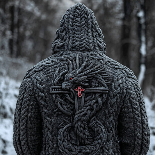 Men's Vintage Celtic Dragon & Cross Chunky Hooded Sweater artswardrobe