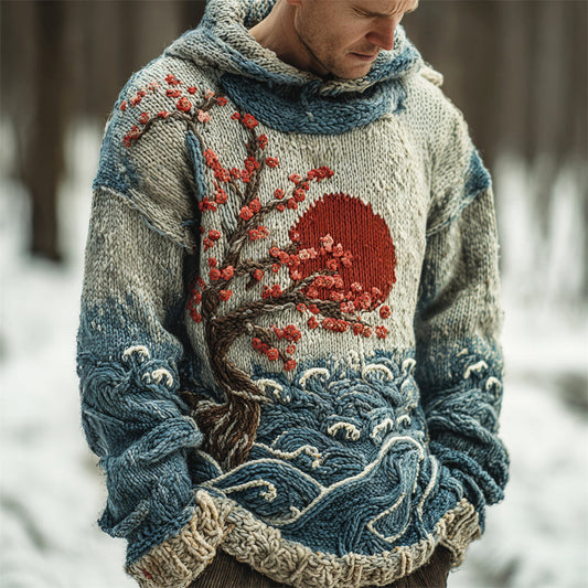 Japanese Red Sun & Ocean Art Men's Knit Hooded Sweater artswardrobe