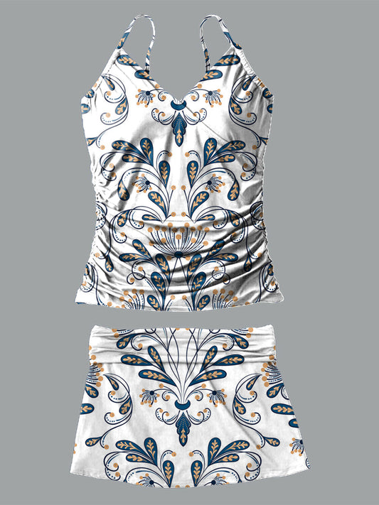 Retro Flower V-Neck Vintage Flowers Print Suspender Skirt Tankini Pantskirt Set Swimsuit