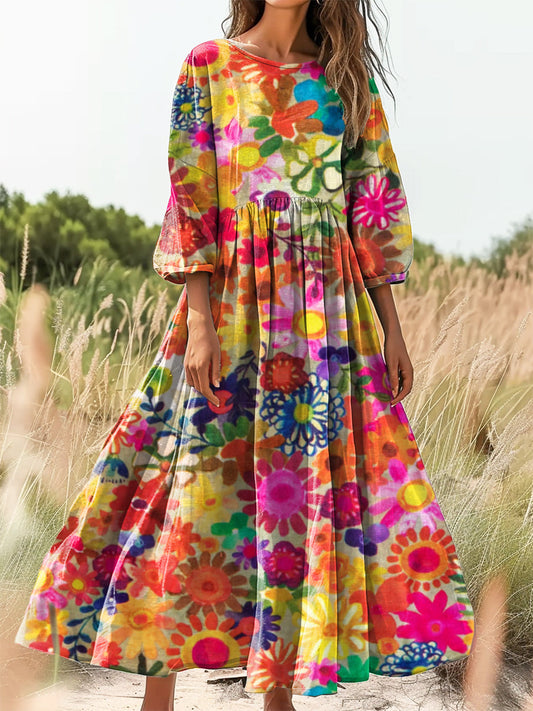 Women's Bohemian Floral Art Print Flowy Cotton Crew Neck Dress