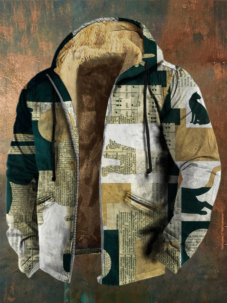 Vintage Geometric Cat Art Print Men's Hooded Jacket elevenforest