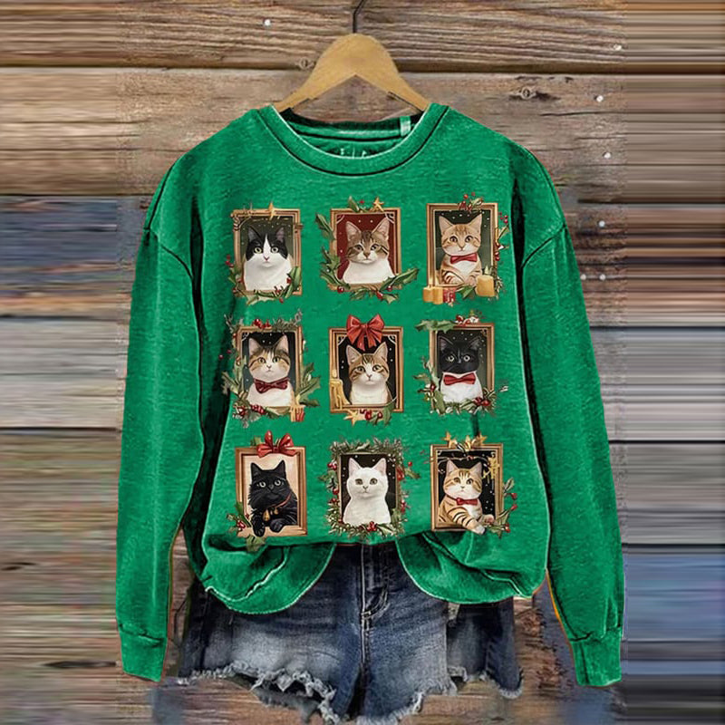 Women's Merry Christmas Cats Printed Sweatshirt elevenforest