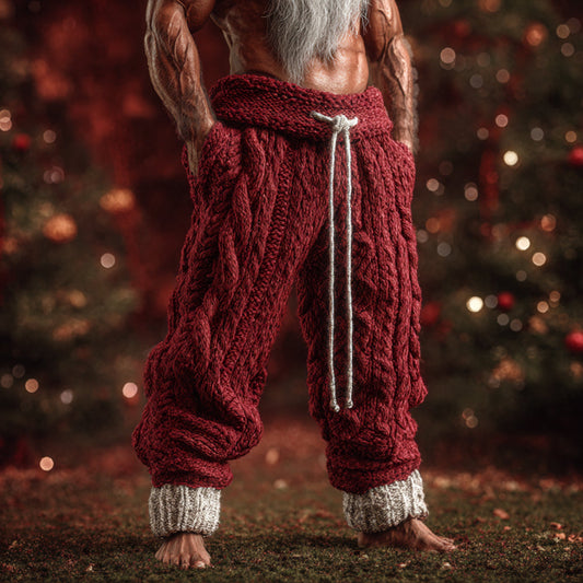 Comstylish Christmas 3d Embroidered Red Knitted Casual Pants