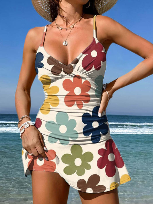 V-Neck Retro Colorful Geometric Flowers Print Suspender Skirt Tankini Pantskirt Set Swimsuit