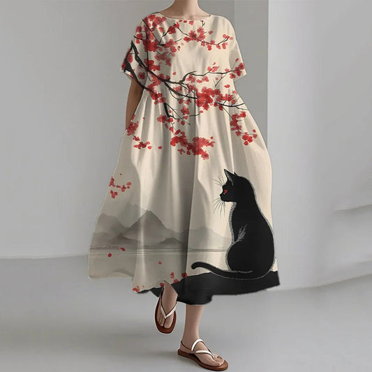 Women's Japanese Cherry Blossom Black Cat Print Short Sleeve Dress elevenforest