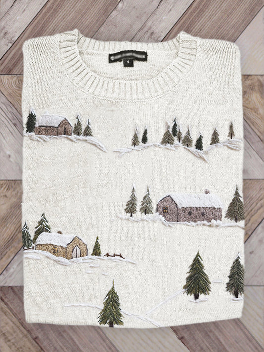 Snowy Christmas Cottage Landscape Cozy Knit Sweater artswardrobe