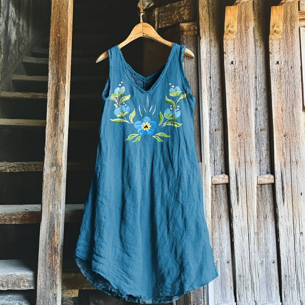 Women's Swedish Floral Cotton Linen Midi Dress artswardrobe
