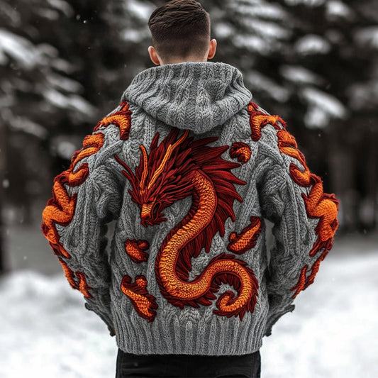 Men's Viking Dragon Celtic Thick Knit Zip-up Hooded Sweater artswardrobe