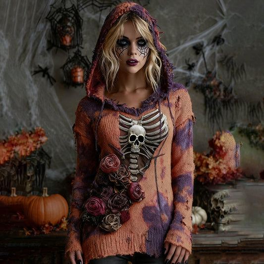 Women's Vintage Patchwork Chunky Knit Skull Hooded Sweater artswardrobe