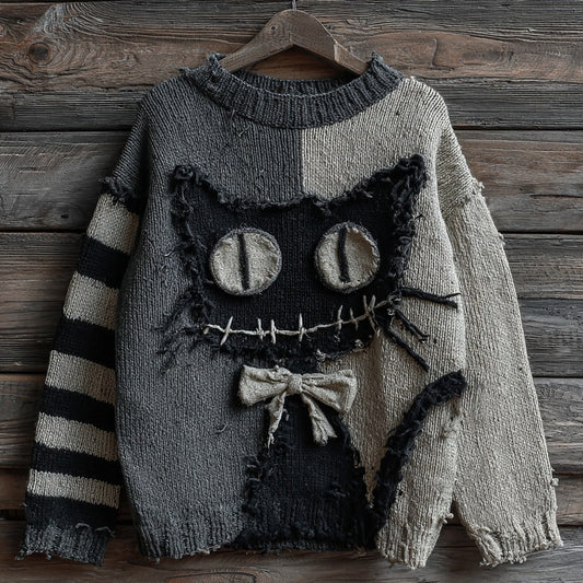 Halloween Black Cat Striped Knit Crew Neck Sweater artswardrobe