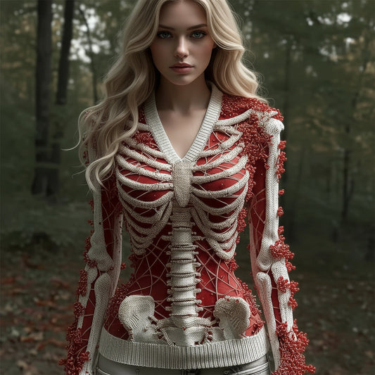 Women's Skull Floral Sequined Pattern Knitted V-neck Sweater artswardrobe