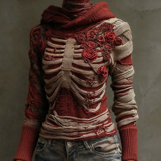 Halloween Bandage Skull Rose Art Slim Fit Knit Hooded Sweater artswardrobe