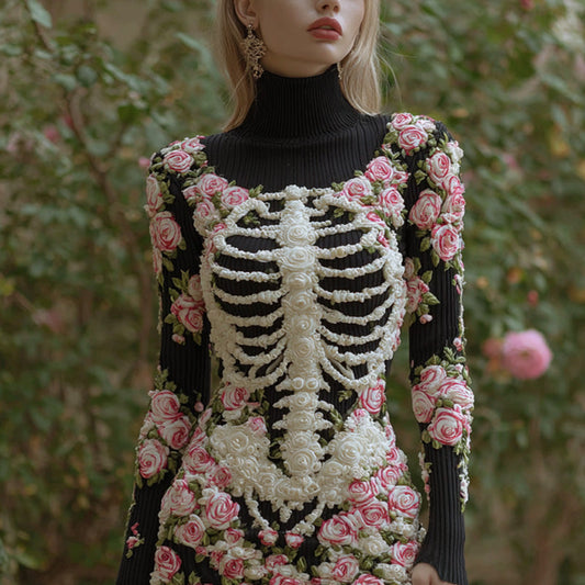 Women's Vintage Halloween Skeleton Bones With Rose Art Cozy Knit Mini Sweater Dress artswardrobe