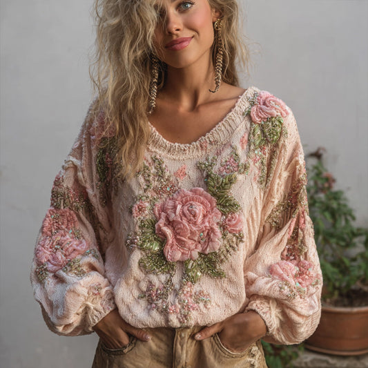 Women's Vintage Jacquard Pink Warm Round-neck Sweater artswardrobe