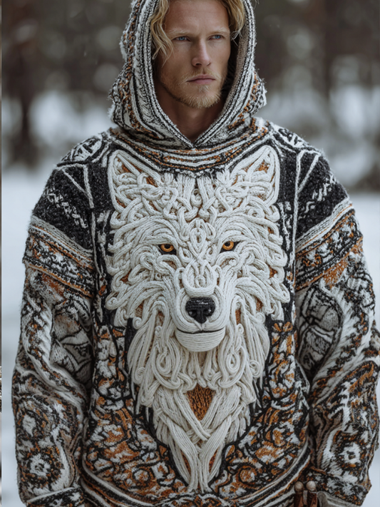 Men's Hooded Thick Sweater With Viking Style Tribal Totem And Wolf Totem Patterns artswardrobe